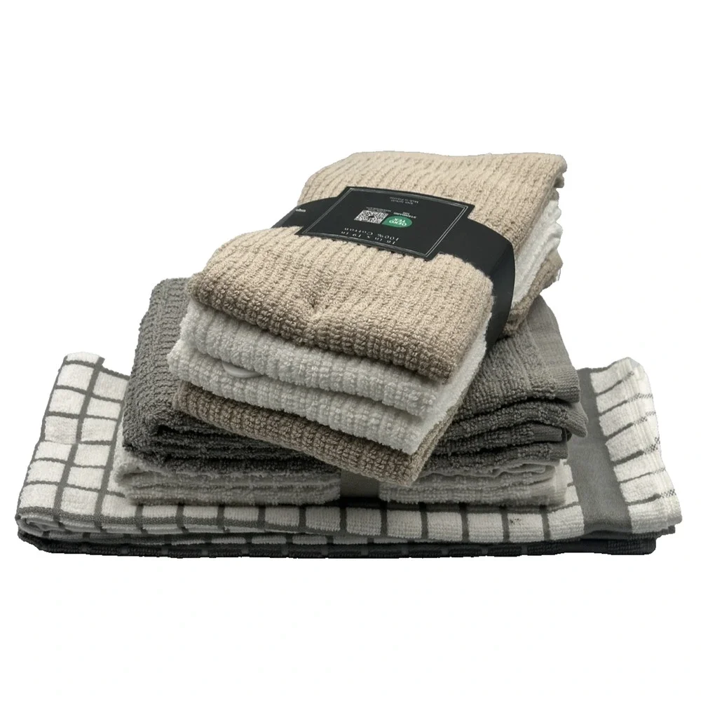 10 Pc Towel Bundle- 8 Cotton Bar Mop Towels 16x19 & 2 Kitchen Dish Towels 18x28